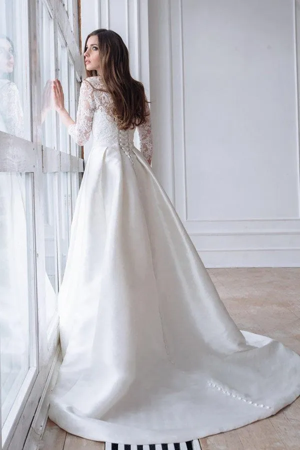 Modest Lace Satin Wedding Gown with Three Quarter Sleeves