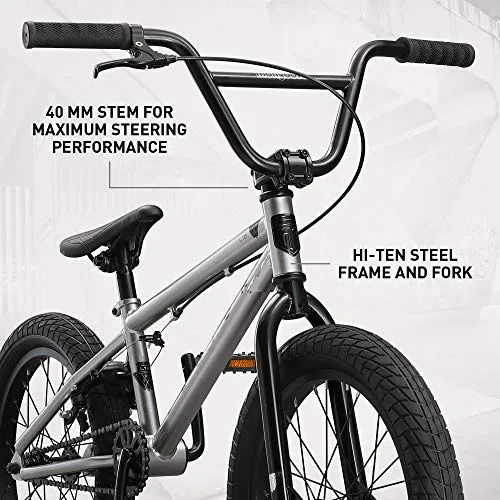 Mongoose Legion L18 Kids Freestyle Sidewalk BMX Bike for Kids, Children and Beginner-Level to Advanced Riders, 18-inch Wheels, Hi-Ten Steel Frame, Micro Drive 25x9T BMX Gearing, Silver