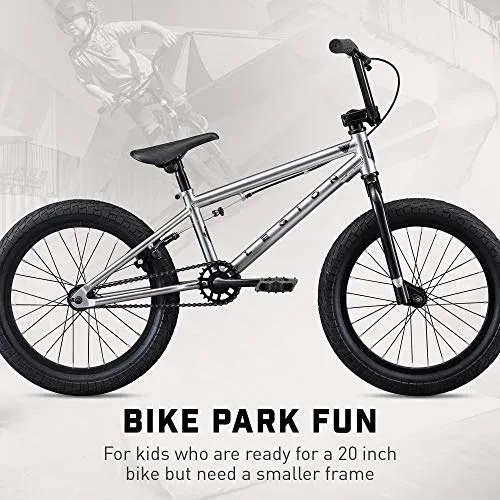 Mongoose Legion L18 Kids Freestyle Sidewalk BMX Bike for Kids, Children and Beginner-Level to Advanced Riders, 18-inch Wheels, Hi-Ten Steel Frame, Micro Drive 25x9T BMX Gearing, Silver