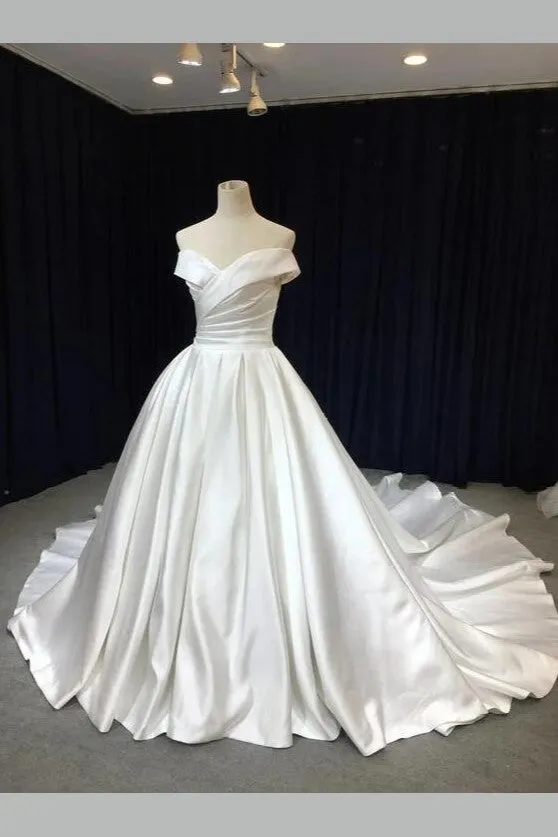 Off-the-shoulder Satin Wedding Gown with Royal Train