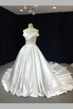 Off-the-shoulder Satin Wedding Gown with Royal Train