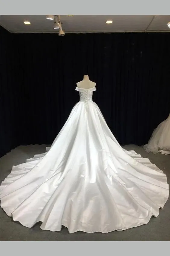 Off-the-shoulder Satin Wedding Gown with Royal Train