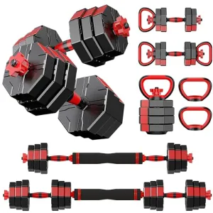 Prapark 4-in-1 Adjustable Dumbbell Set – Octagonal Anti-Roll Design, Non-Slip Grip, Versatile Weights with Barbell, Kettlebell, Push-Up Options – Home Gym Fitness Equipment for Men & Women (44 LB)