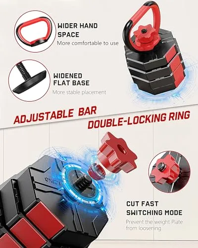 Prapark 4-in-1 Adjustable Dumbbell Set – Octagonal Anti-Roll Design, Non-Slip Grip, Versatile Weights with Barbell, Kettlebell, Push-Up Options – Home Gym Fitness Equipment for Men & Women (44 LB)