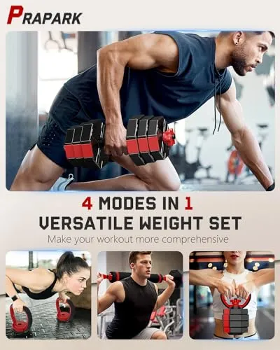 Prapark 4-in-1 Adjustable Dumbbell Set – Octagonal Anti-Roll Design, Non-Slip Grip, Versatile Weights with Barbell, Kettlebell, Push-Up Options – Home Gym Fitness Equipment for Men & Women (44 LB)