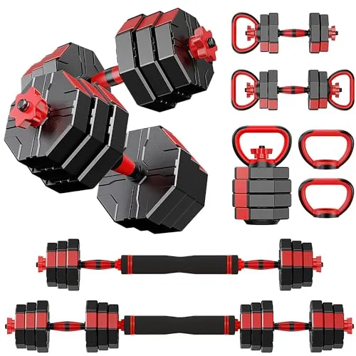 Prapark 4-in-1 Adjustable Dumbbell Set – Octagonal Anti-Roll Design, Non-Slip Grip, Versatile Weights with Barbell, Kettlebell, Push-Up Options – Home Gym Fitness Equipment for Men & Women (44 LB)