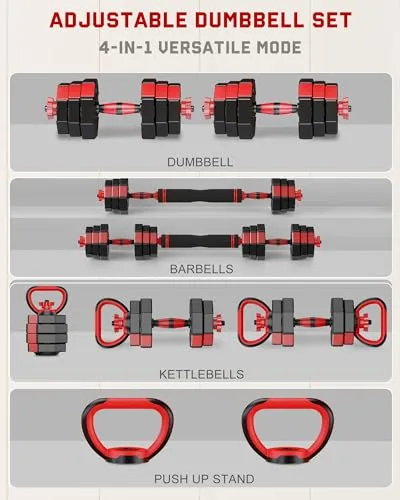 Prapark 4-in-1 Adjustable Dumbbell Set – Octagonal Anti-Roll Design, Non-Slip Grip, Versatile Weights with Barbell, Kettlebell, Push-Up Options – Home Gym Fitness Equipment for Men & Women (44 LB)
