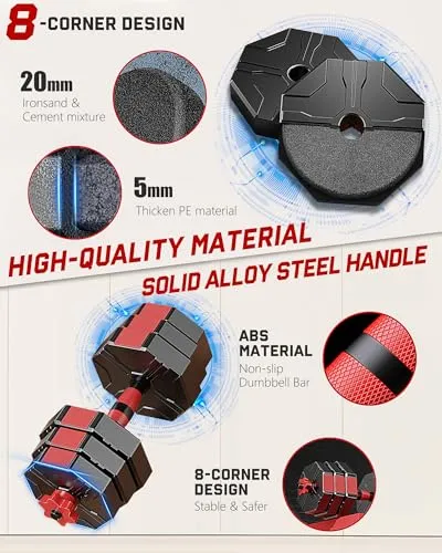 Prapark 4-in-1 Adjustable Dumbbell Set – Octagonal Anti-Roll Design, Non-Slip Grip, Versatile Weights with Barbell, Kettlebell, Push-Up Options – Home Gym Fitness Equipment for Men & Women (44 LB)