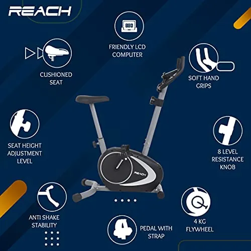 Reach B-202 Magnetic Exercise Cycle with 4 kg Flywheel | Upright Stationary Bike for Cardio & Fitness | Adjustable Magnetic Resistance with Cushioned Seat | LCD Screen | Max User Weight 100kg
