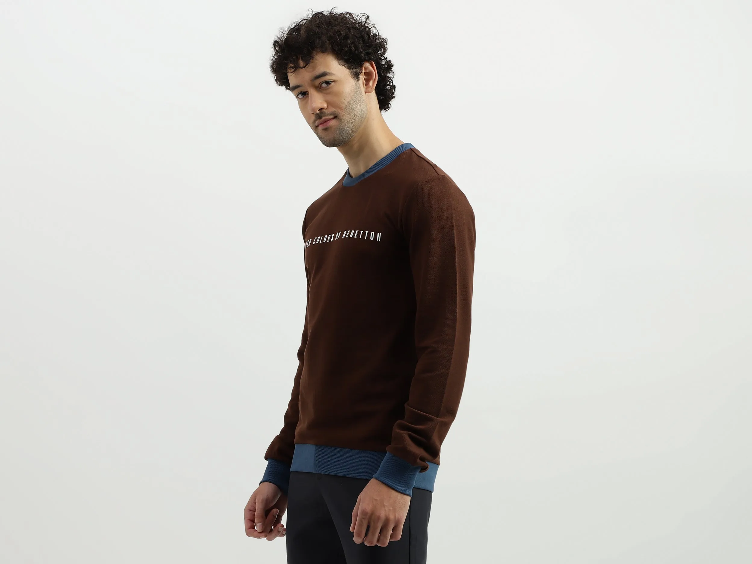Regular Fit Round Neck Contrast Rib Branded Sweatshirt