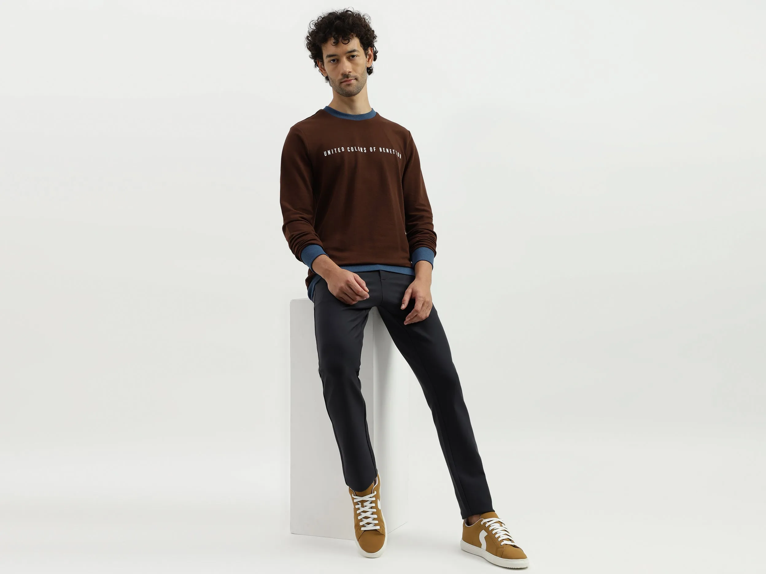 Regular Fit Round Neck Contrast Rib Branded Sweatshirt