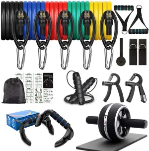 Resistance Bands Set Workout Bands，8-in-1 Ab Wheel Roller Kit with Knee Pad,Push Up Bars,Hand Grip Strengthener,Jump Rope,Home Gym Workout Exercise Equipment for Men Women