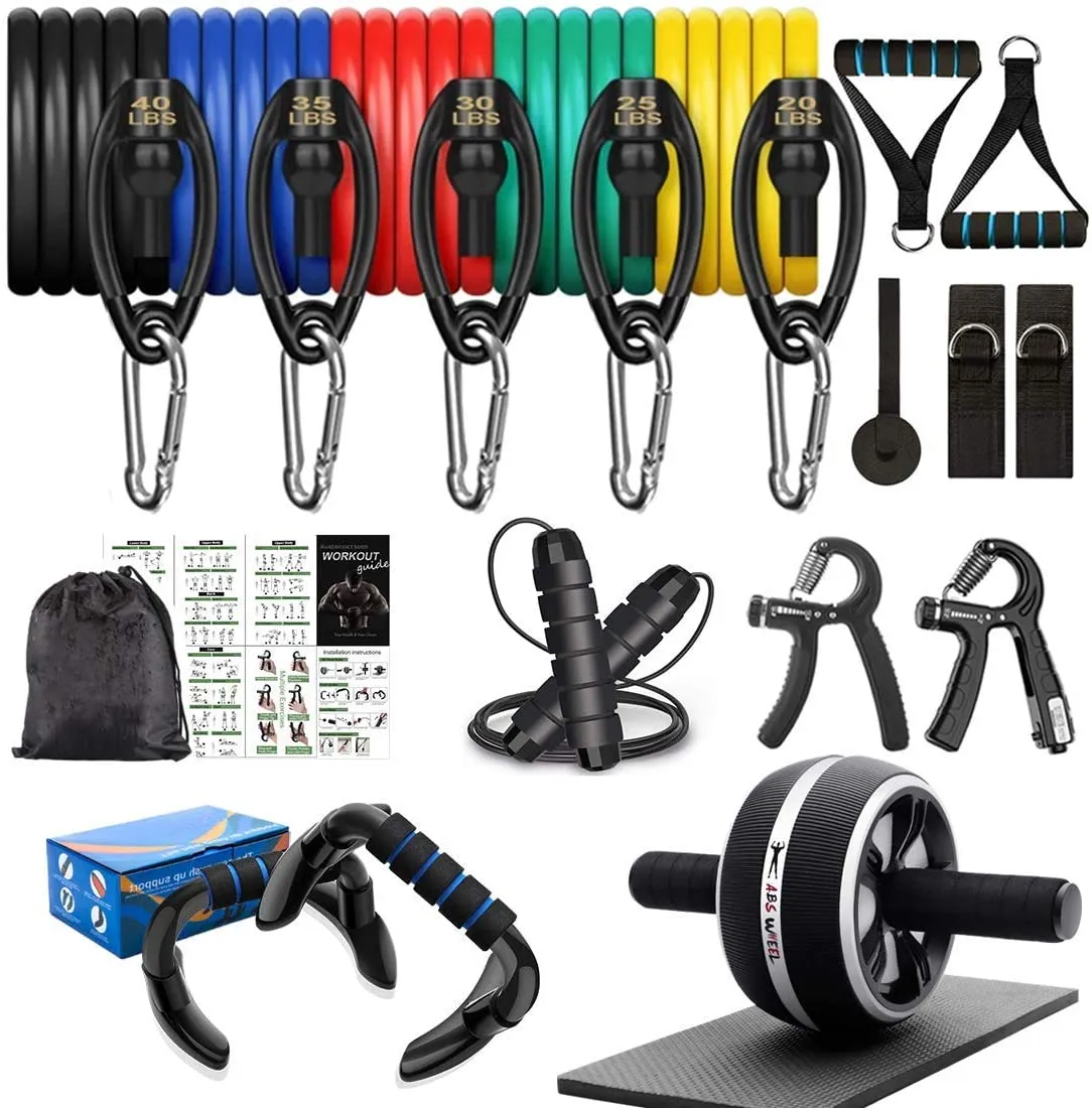 Resistance Bands Set Workout Bands，8-in-1 Ab Wheel Roller Kit with Knee Pad,Push Up Bars,Hand Grip Strengthener,Jump Rope,Home Gym Workout Exercise Equipment for Men Women