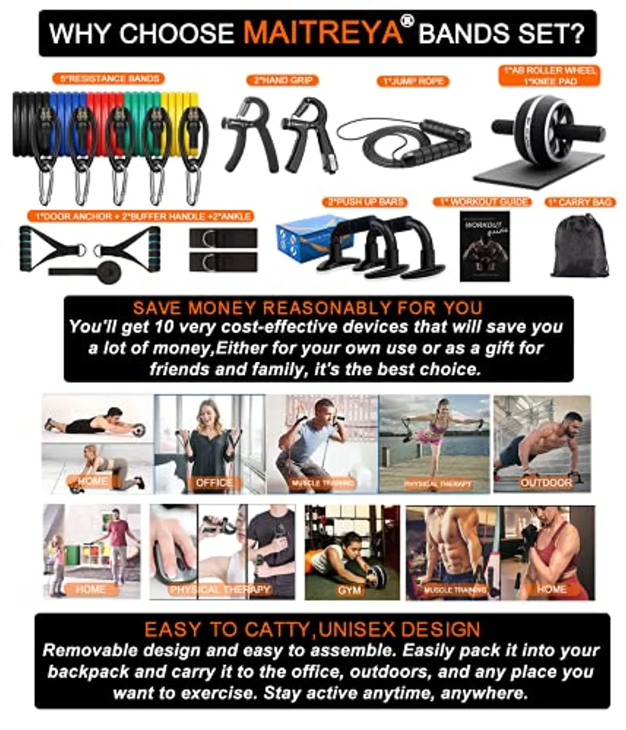 Resistance Bands Set Workout Bands，8-in-1 Ab Wheel Roller Kit with Knee Pad,Push Up Bars,Hand Grip Strengthener,Jump Rope,Home Gym Workout Exercise Equipment for Men Women