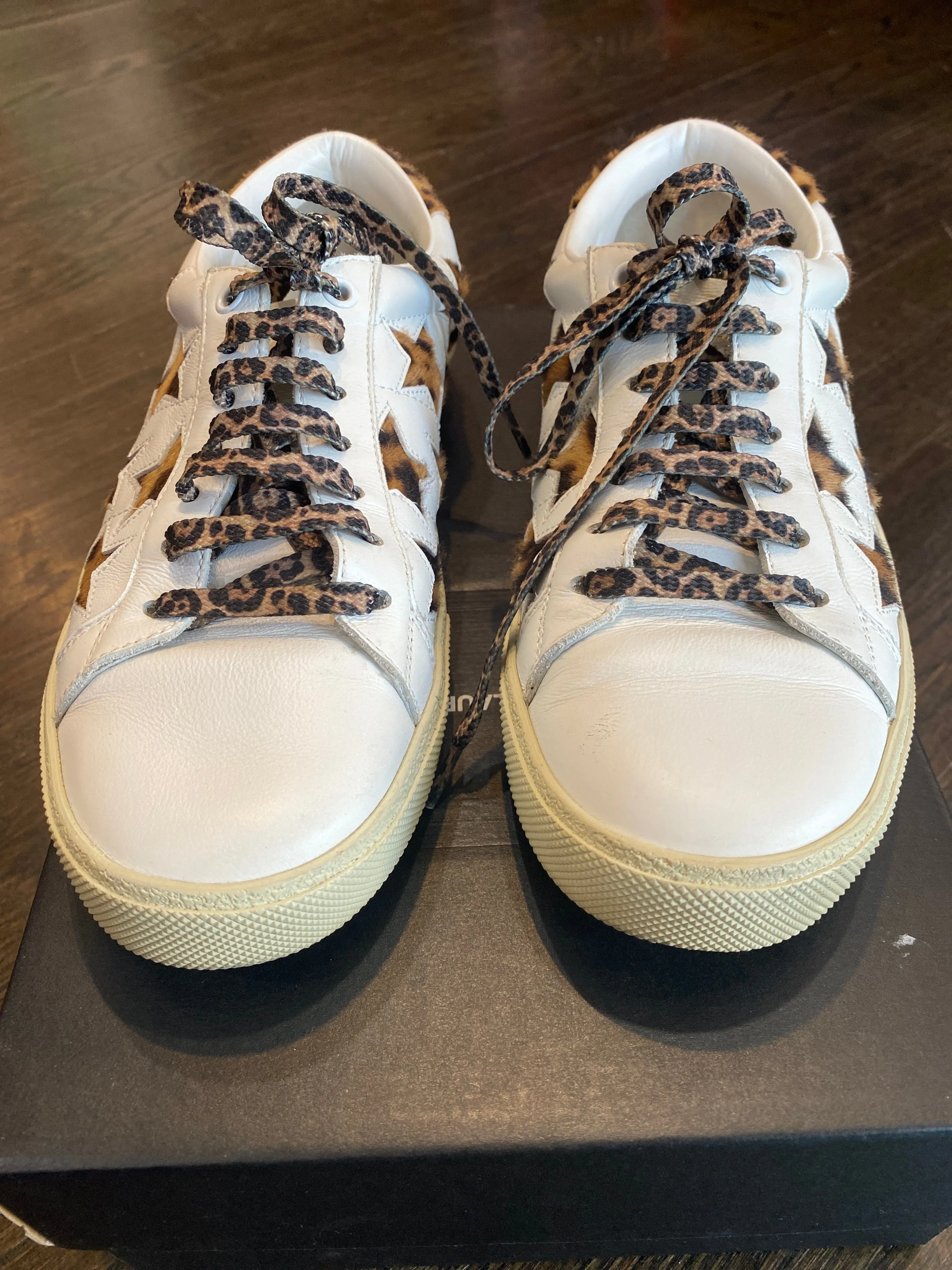 Saint Laurent White Leather Sneaker with Leopard Star Cutouts