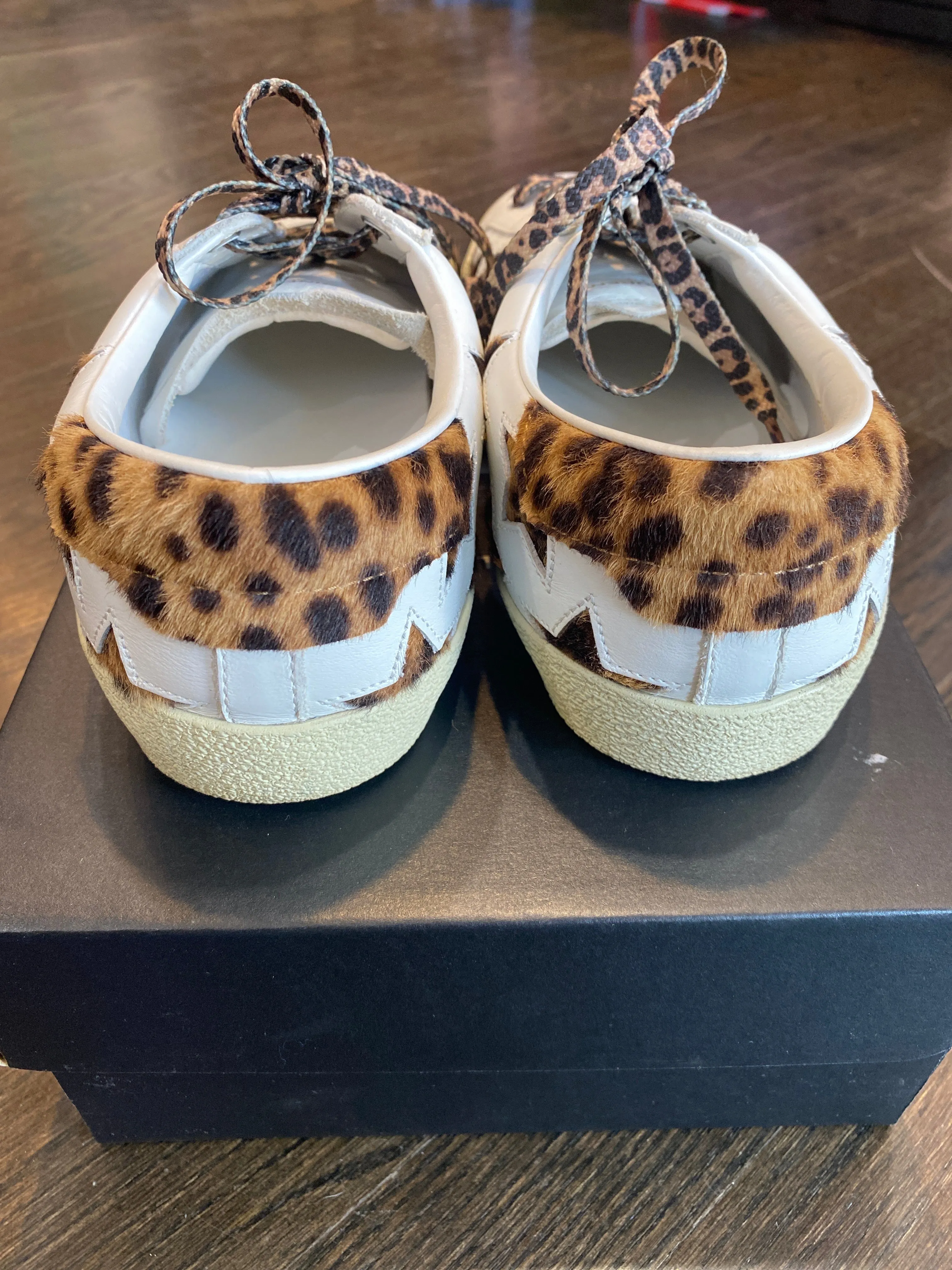 Saint Laurent White Leather Sneaker with Leopard Star Cutouts