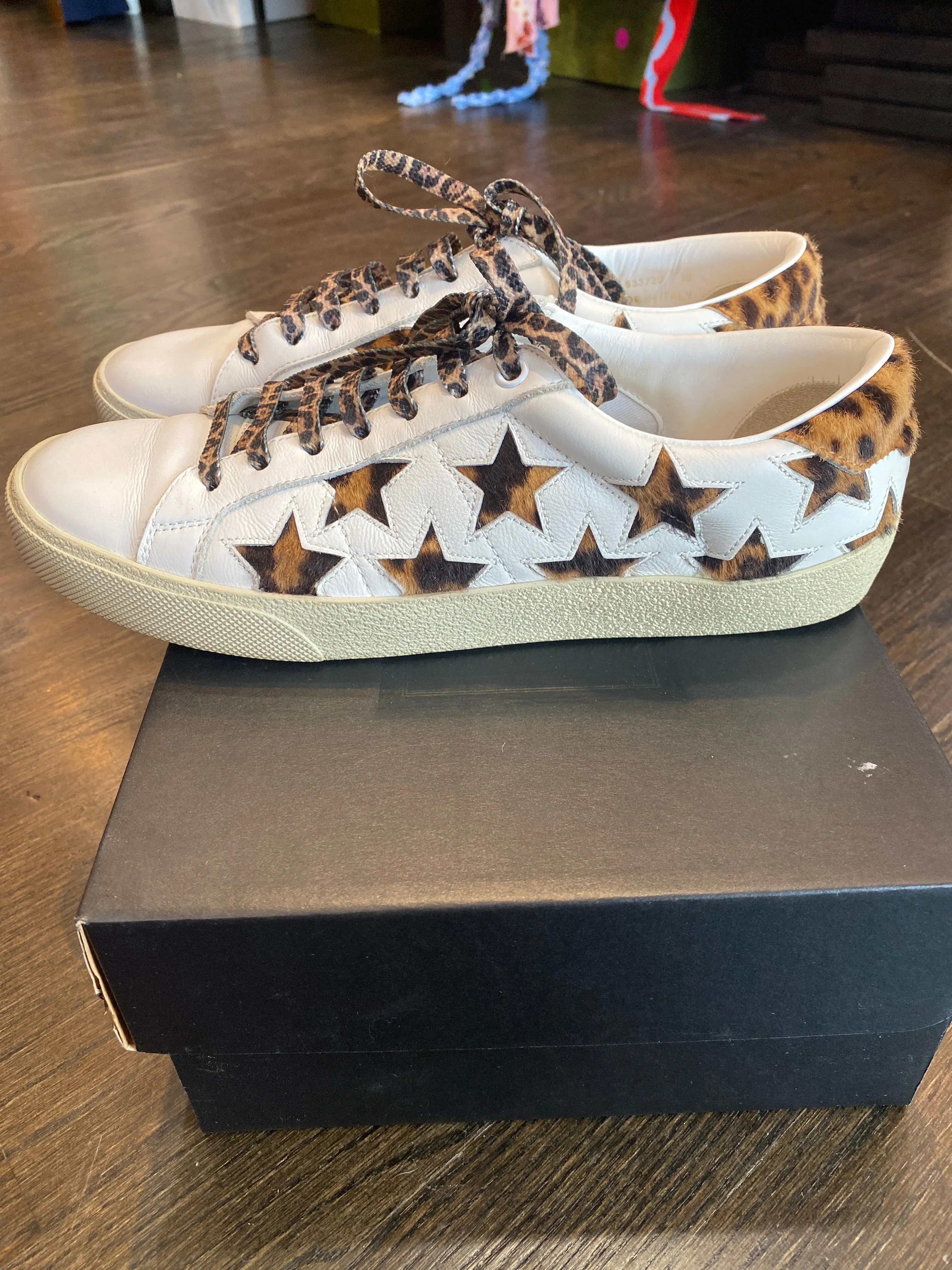 Saint Laurent White Leather Sneaker with Leopard Star Cutouts