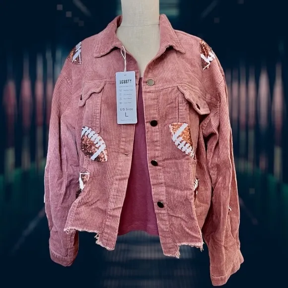 Sequined Football Patch Lightweight Cropped Raw Hem Corduroy Jacket NWT/LG