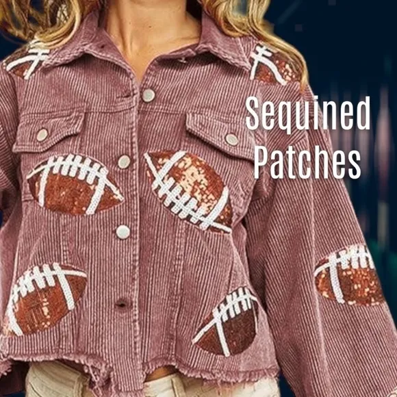 Sequined Football Patch Lightweight Cropped Raw Hem Corduroy Jacket NWT/LG