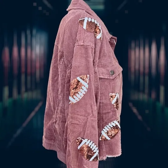 Sequined Football Patch Lightweight Cropped Raw Hem Corduroy Jacket NWT/LG