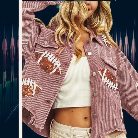 Sequined Football Patch Lightweight Cropped Raw Hem Corduroy Jacket NWT/LG