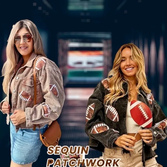 Sequined Football Patch Lightweight Cropped Raw Hem Corduroy Jacket NWT/LG