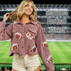 Sequined Football Patch Lightweight Cropped Raw Hem Corduroy Jacket NWT/LG