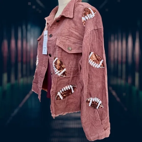 Sequined Football Patch Lightweight Cropped Raw Hem Corduroy Jacket NWT/LG