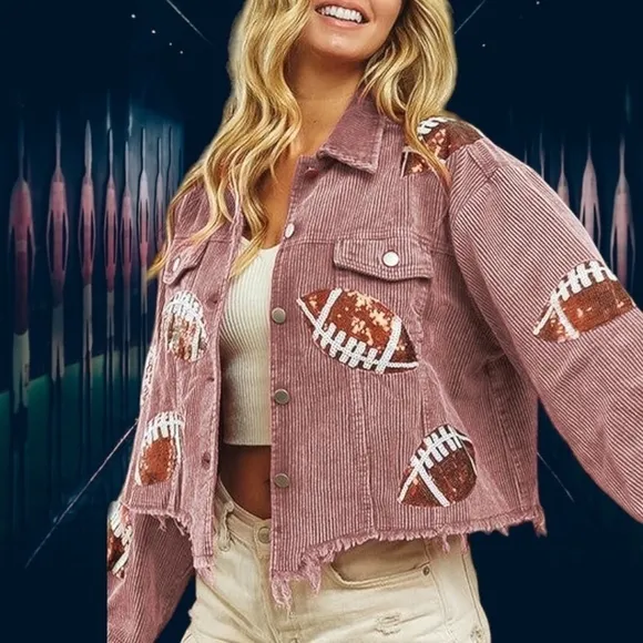Sequined Football Patch Lightweight Cropped Raw Hem Corduroy Jacket NWT/LG