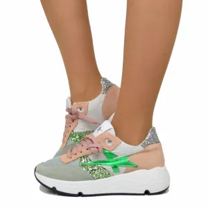 Sneakers Glitter in Pelle Scamosciata Fondo Platform Morbido