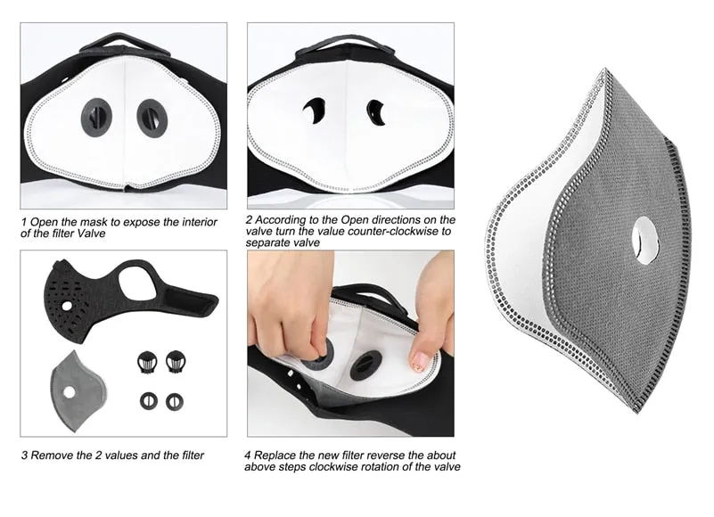 Sports/Cycling Face Mask with Activated Carbon Filter and Exhalation Valves