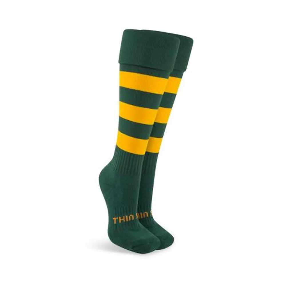 ThinSkins Short Football Socks - Bottle Green - Gold Hoop