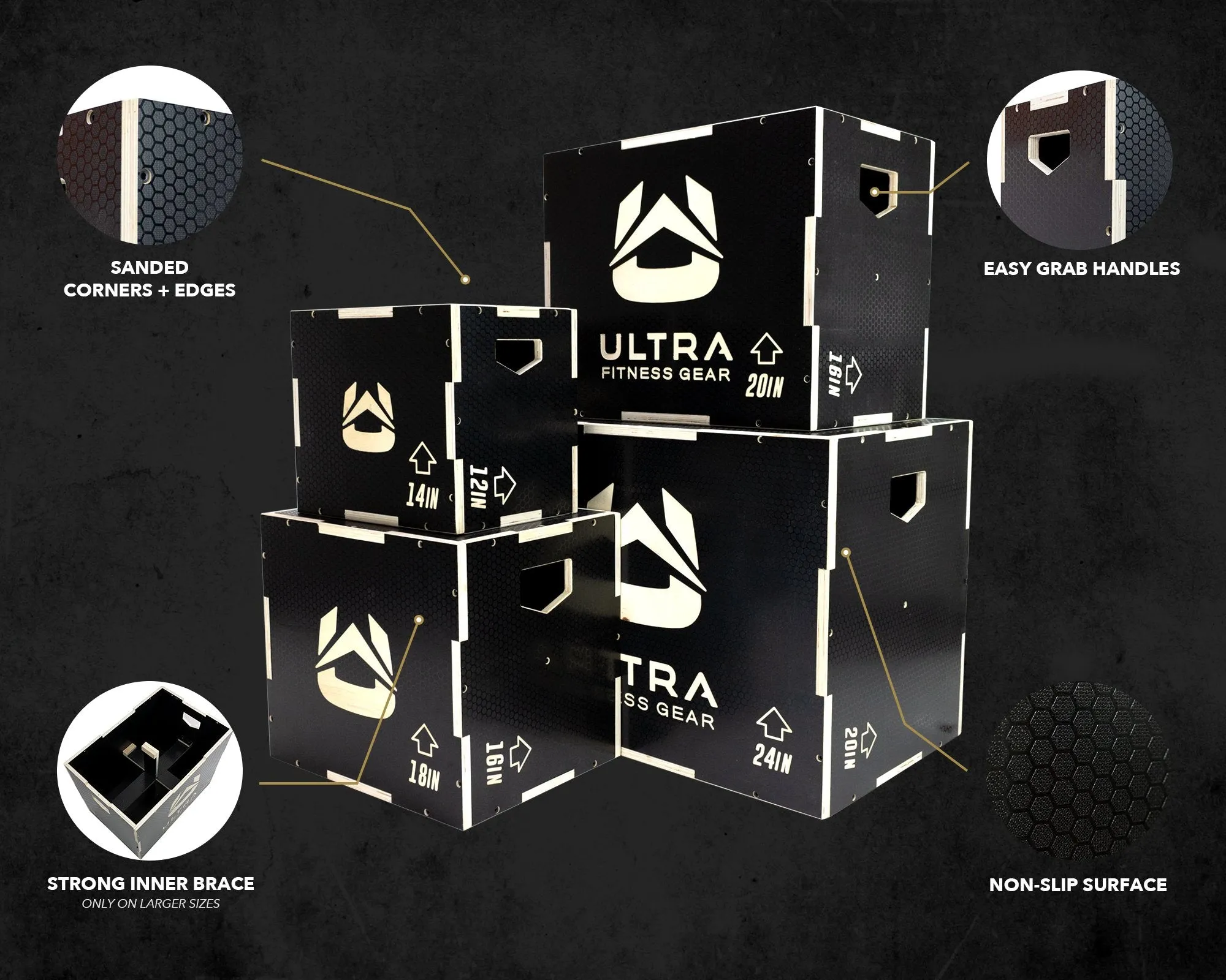 Ultra Fitness Gear 3 in 1 Anti-Slip Wood Plyo Box for Jump, Crossfit, Plyometrics. Sizes: 30/24/20, 24/20/16, 20/18/16, or 16/14/12