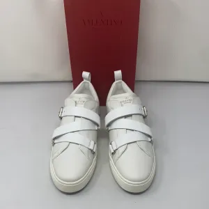 Valentino White Leather Buckle Strap Rockstud Sneaker