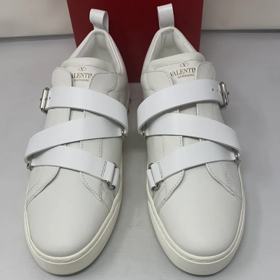 Valentino White Leather Buckle Strap Rockstud Sneaker