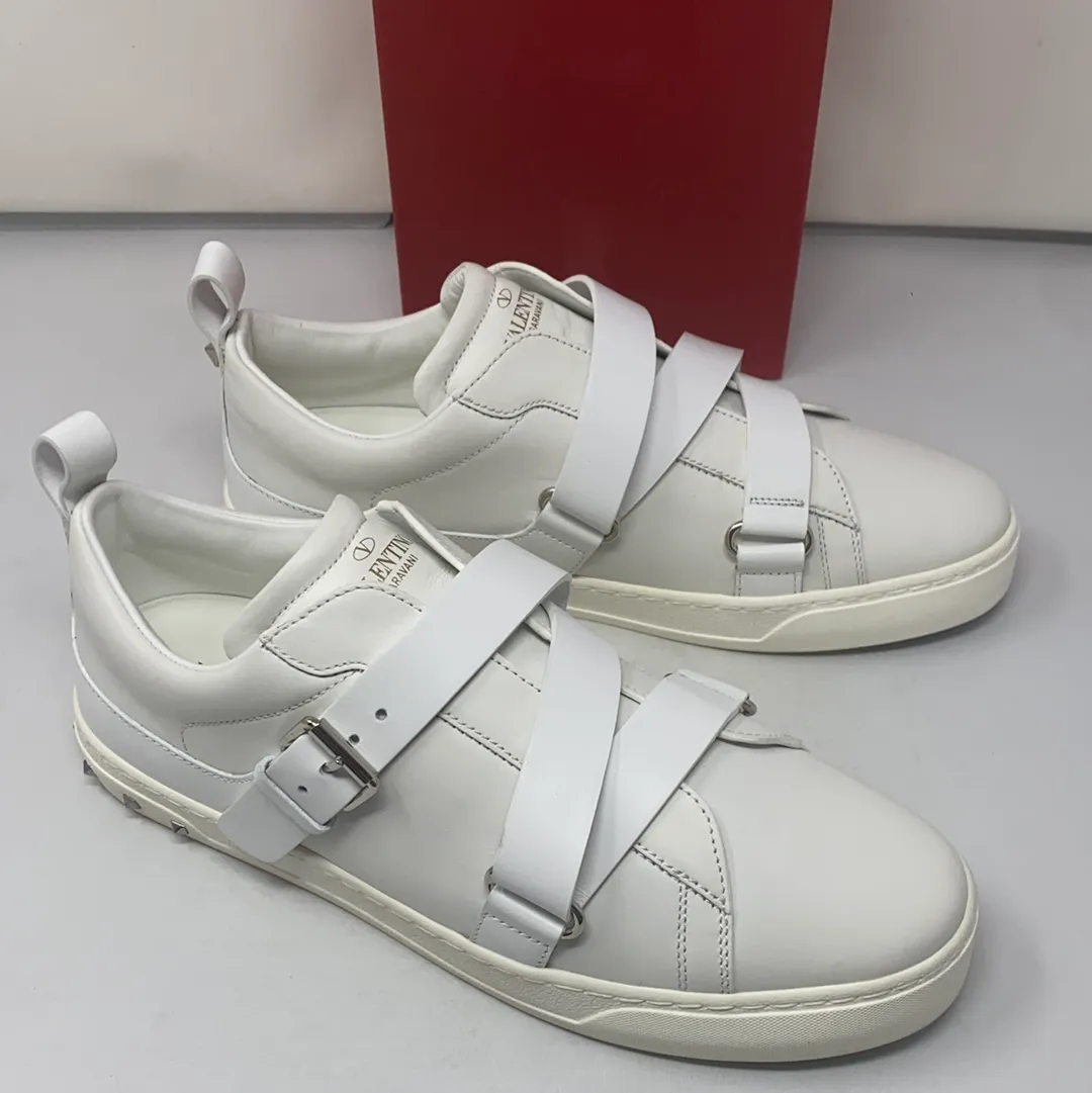 Valentino White Leather Buckle Strap Rockstud Sneaker