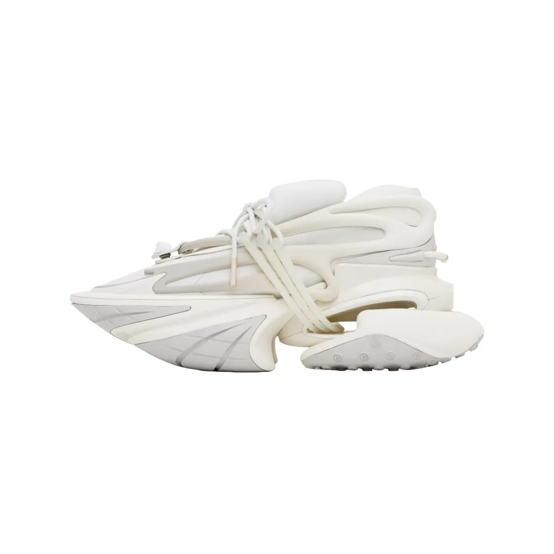 WHITE BALMAIN NEOPRENE AND LEATHER UNICORN LOW TOP SNEAKERS