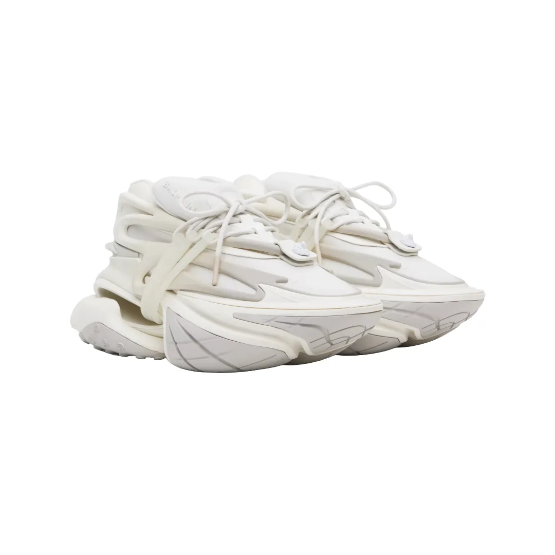 WHITE BALMAIN NEOPRENE AND LEATHER UNICORN LOW TOP SNEAKERS
